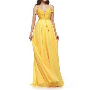 Colors Dress Yellow Beaded Crochet Tassle Chiffon Gown